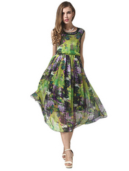 Elastic Waist Floral Pattern Back Bow Long 