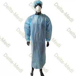 Delta-Medi PP Coated PE Film Disposable Surgical Gown Velcro Collar Knitted Cuff 2 Belts from SHANDONG DELTA-MEDI CO., LTD