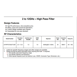 RF High Pass Filter 2.0~12.0GHz 30Watts SMA Female