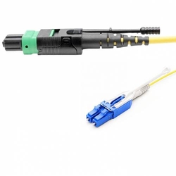24 Fiber Sm Mpo Lc Break Out Cable With Pulling Eye, 24f Mpo Female to 12 X Lc Duplex Fan Out, Low Loss OFNR (Riser), G.657A1 Single Mode, Yellow, Push Pull Uniboot Connector, Polarity A, For Cxp Cfp 100g Transceiver