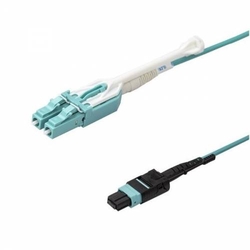 24 Fiber Mm Om3 Mpo Lc Break Out Cable With Pulling Eye, 24f Mpo Female to 12 X Lc Duplex Fan Out, Low Loss OFNP (Plenum), Om3 Multimode, Aqua, Push Pull Uniboot Connector, Polarity A, For Cxp Cfp 100g Transceiver