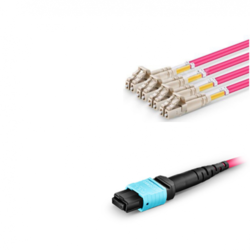 12 Fiber Mm Om4 Mpo Lc Break Out Cable, 12f Mpo Female to 4 X Lc Duplex Fan Out / Harness Cable, Low Loss OFNP (Plenum), Om4 Multimode, Aqua, Polarity B, For For Sr4 100g 400g Transceiver