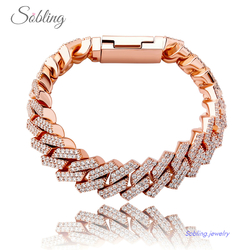 Sobling 2 tones 14mm Cuban link Chain Bracelet High Quality Iced Out bling Micro Paved pink and clear Cubic Zircon Hip Hop Jewelry Gift For menâ€™s Party