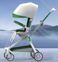 green and white baby stroller.