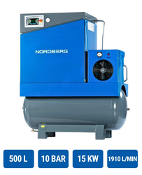 Screw Air Compressor tank with electric drain valve, 15 kW, 500 l receiver, 10 bar, 1910 l/min NORDBERG NCA20RD