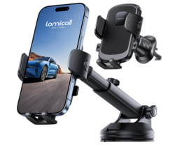 Lamicall Car Phone Holder Mount [3-in-1 Military-Grade Suction Cup] 360° Rotation Phone Holders for Your Car [Metal Hook] Cell Phone Car Mount Dashboard Vent Windshield for iPhone 17 16 All Smartphone