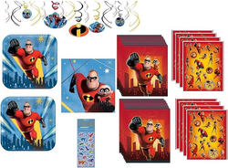 The Incredibles Birthday Party Supplies Bundle Pack Includes 16 Paper Plates, 16 Napkins, 12 Piece Hanging Swirl Decorations, 16 Loot Bags, 8 Sticker Sheets from SKANDA INTERNATIONAL FZ LLE