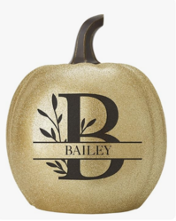Let's Make Memories Personalized Light Up Pumpkin - Fall Decor and Halloween Decorations - Use Outside/Inside - Your Name & Initial on a Custom Pumpkin - Leafy Name - Large - Gold Glitter from SKANDA INTERNATIONAL FZ LLE