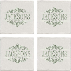 Personalized Coasters - Set of 4 - Family Name Personalization - Made from Tumbled Stone with Chiseled Edges - Green Lettering - Family Name