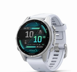 Garmin f?nix® 8 – 43mm, AMOLED, Premium Multisport GPS Smartwatch, Long-Lasting Battery Life, Dive-Rated, Built-in LED Flashlight, Silver with Whitestone Band