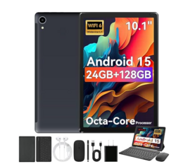 Android 15 10.1" Tablet with Octa-core Processor 24GB RAM 128GB ROM HD IPS Touchscreen 8H Battery, Wi-Fi 6, BT 5.0, Dual Camera, Android Tablets with Keyboard Mouse Stylus Case Headphone