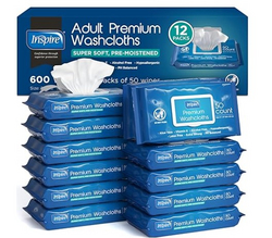 Inspire Adult Wet Wipes, Wash Cloths | Adult Wipes for Incontinence & Cleansing for Elderly, 8"x12" Count 12 packs of 50