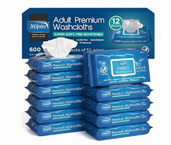 Inspire Adult Wet Wipes, Wash Cloths | Adult Wipes for Incontinence & Cleansing for Elderly, 8"x12" Count 12 packs of 50 from SKANDA INTERNATIONAL FZ LLE