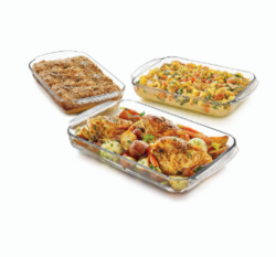 Libbey Baker's Basics 3-Piece Rectangular Glass Casserole Baking Dish Set, Clear, 2 Qt, 2.7 Qt, 3.4 Qt, Transparent, Stackable, Dishwasher Safe